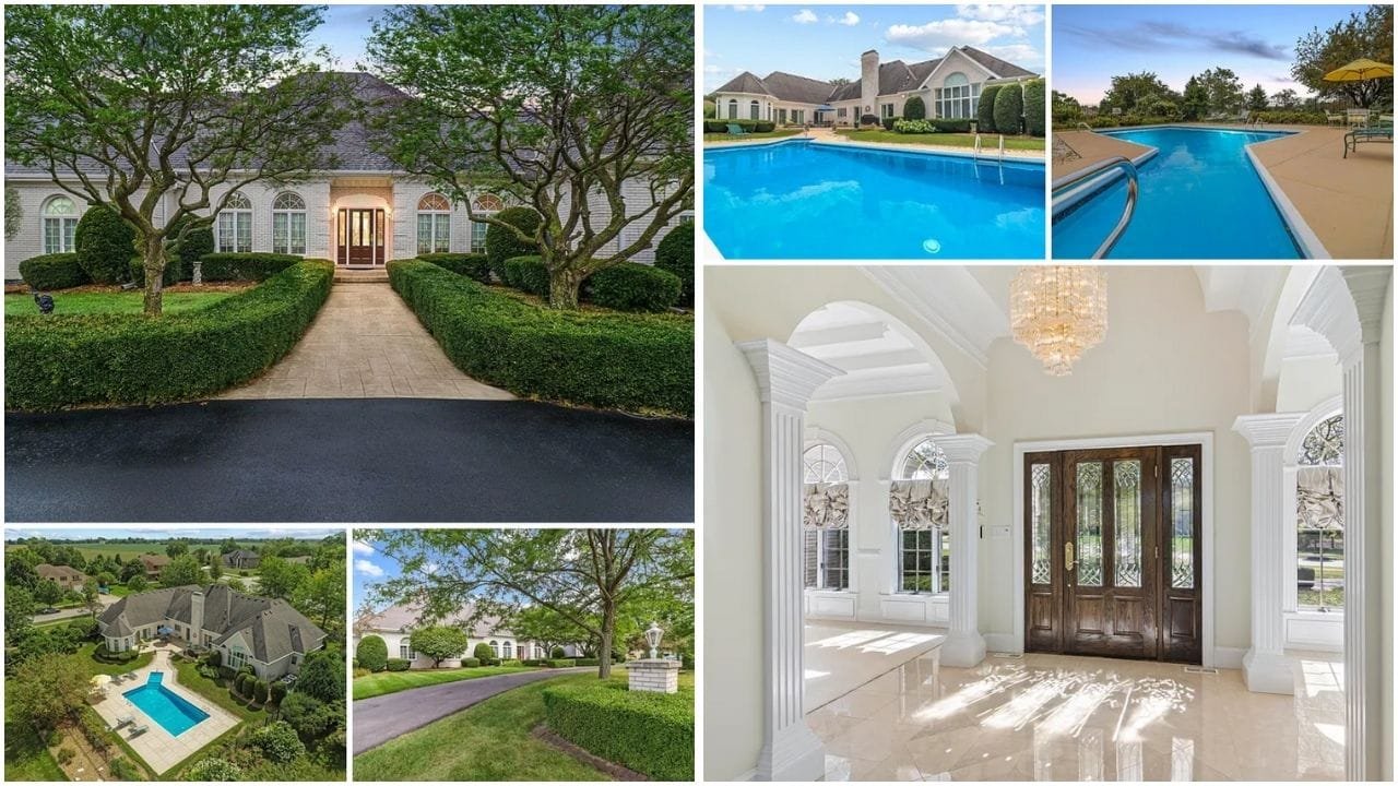 A beautiful aerial view of Crown Point, Indiana, showcasing luxury homes, waterfront properties, and vibrant neighborhoods in Lake County