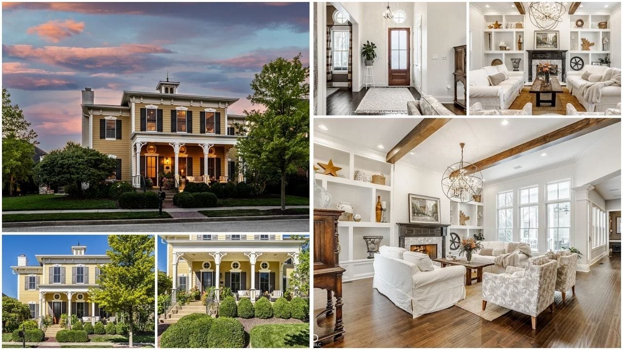 A picturesque view of a luxury home in Carmel, Indiana, showcasing modern architecture, lush garden, and serene neighborhood