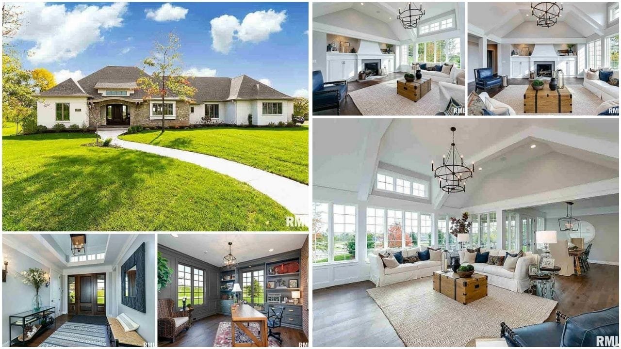 Aerial view of Bettendorf, Iowa showcasing diverse real estate properties, including luxury homes, apartments, and waterfront residences in a picturesque setting