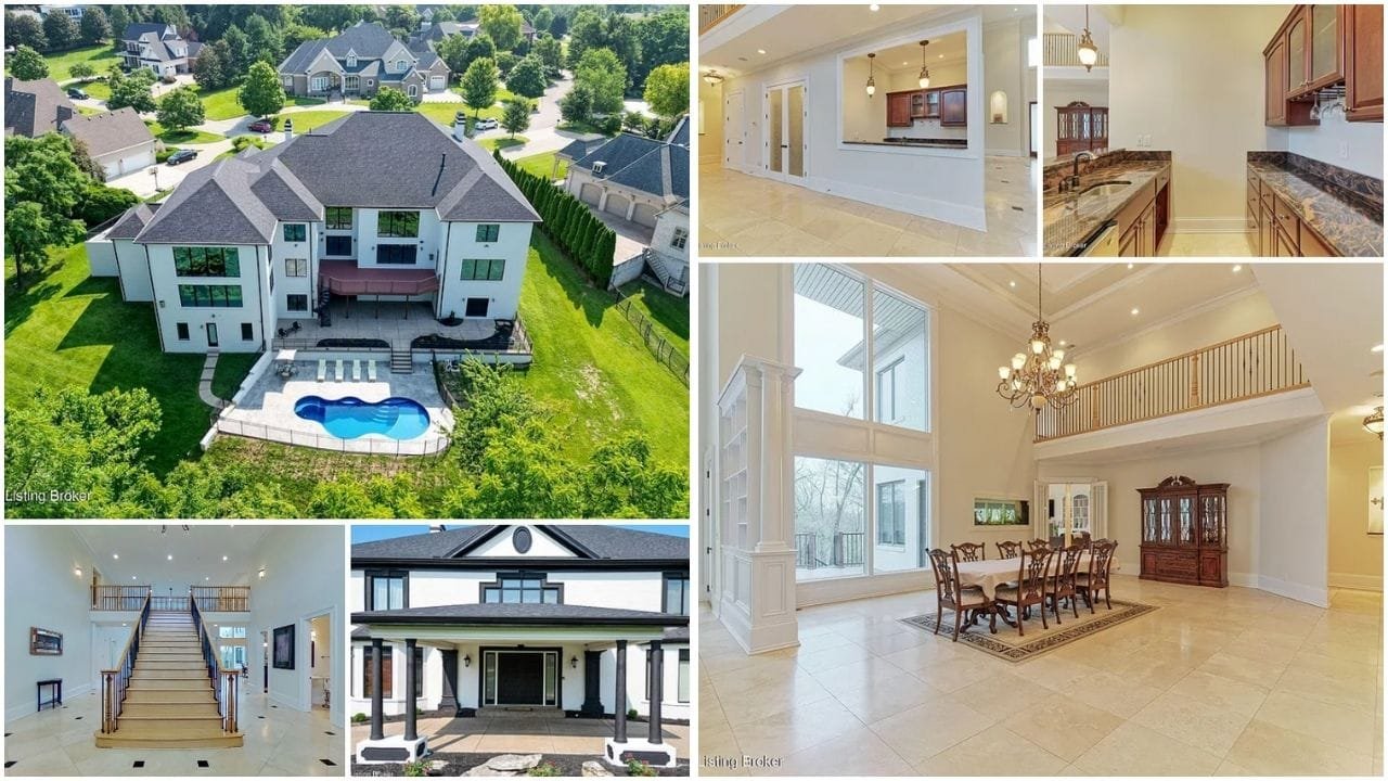 Aerial view of Louisville, KY, featuring diverse real estate options including luxury homes, apartments, and waterfront properties