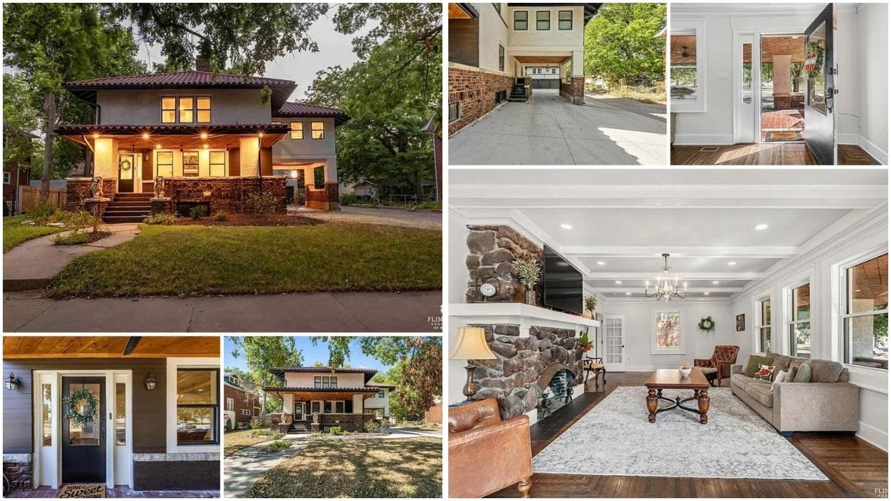 Aerial view of Manhattan, Kansas showcasing residential neighborhoods, luxury homes, and scenic parks