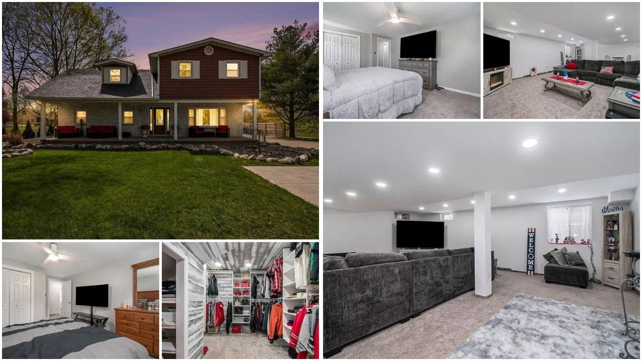 Aerial view of Mishawaka, Indiana with luxury homes and waterfront properties