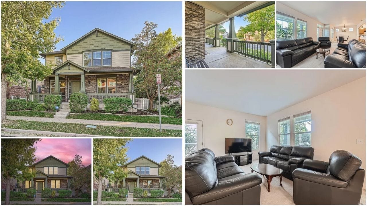 Aerial view of Westminster, Colorado showcasing diverse real estate options including luxury homes, waterfront properties, and affordable apartments with scenic mountain backdrop