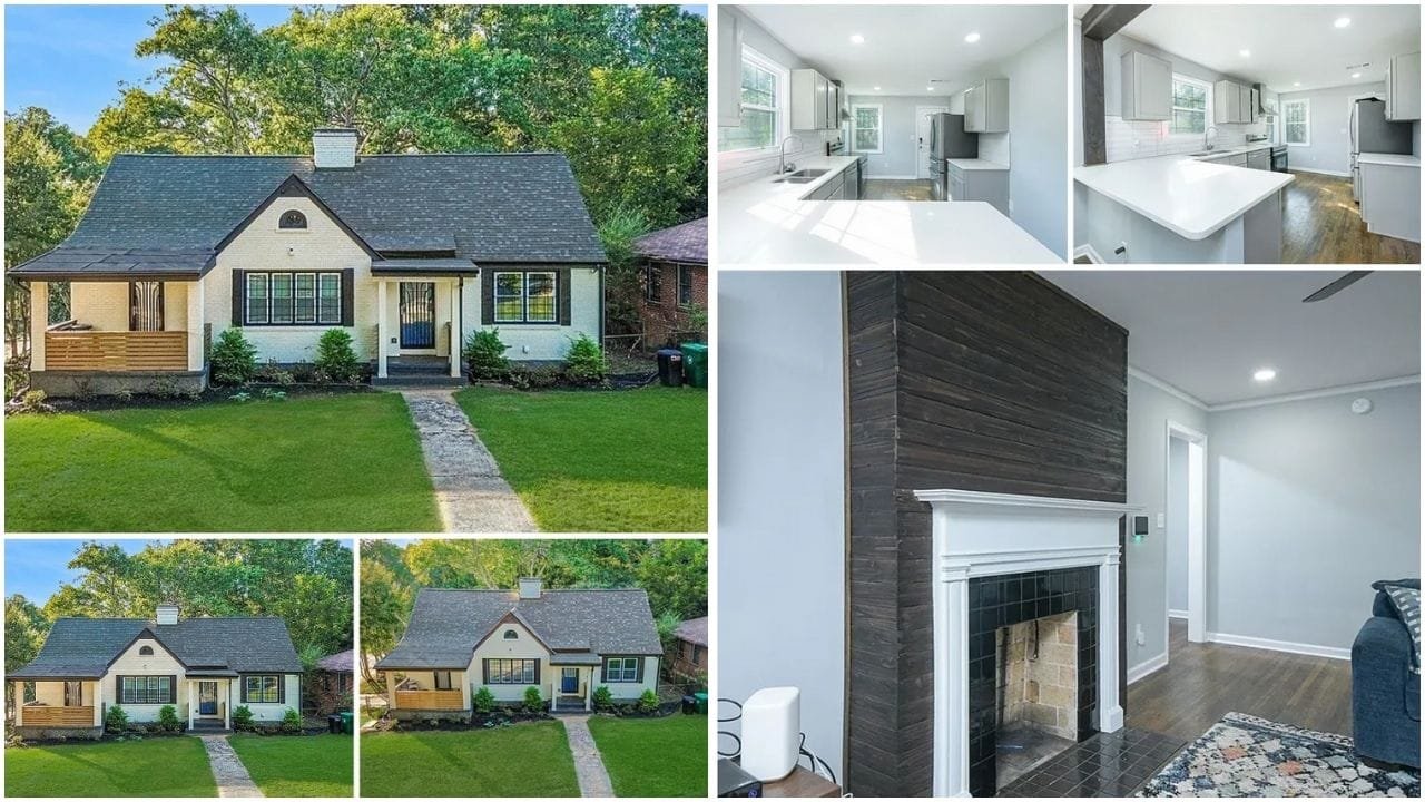 Aerial view of a vibrant neighborhood in Decatur, Georgia, showcasing luxury homes, waterfront properties, and lush green parks