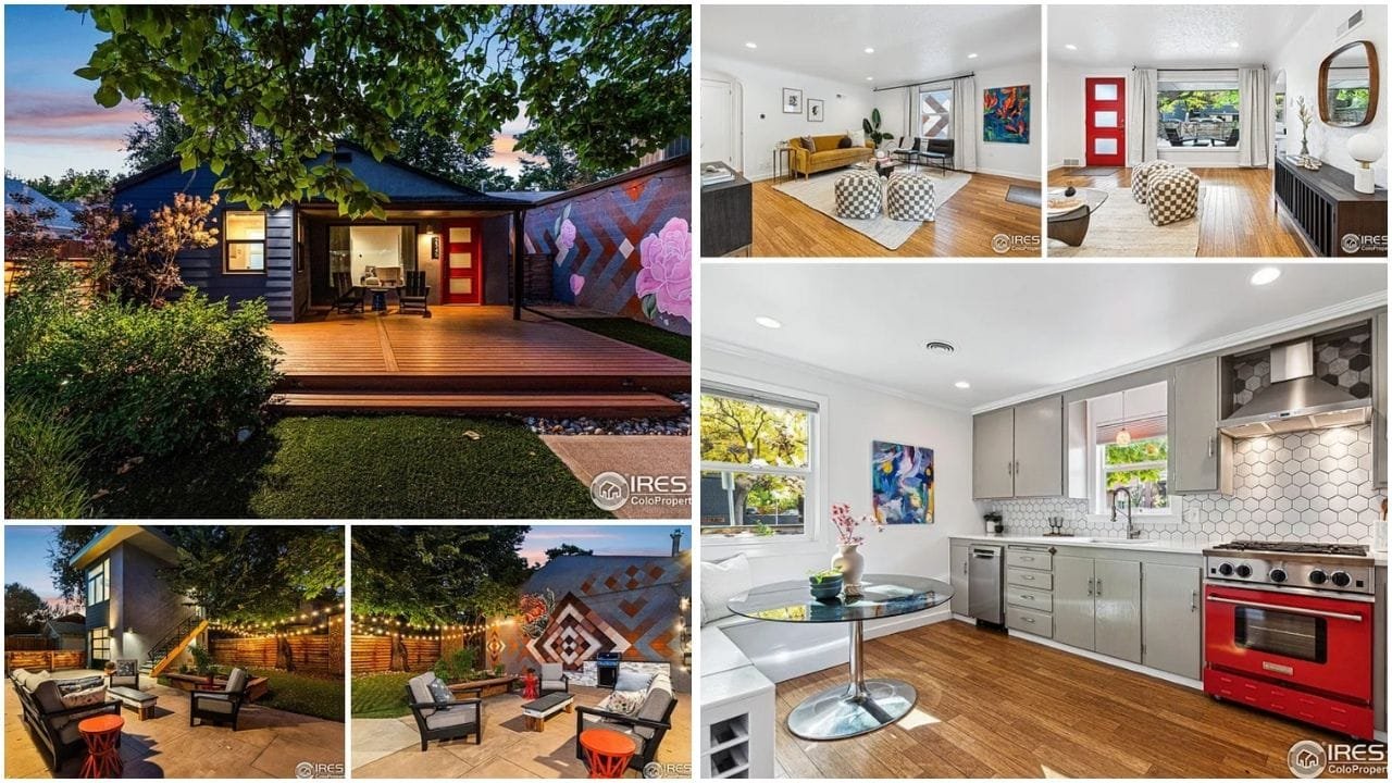 Aerial view of luxury homes and affordable apartments in Boulder, Colorado, with the Rocky Mountains in the background