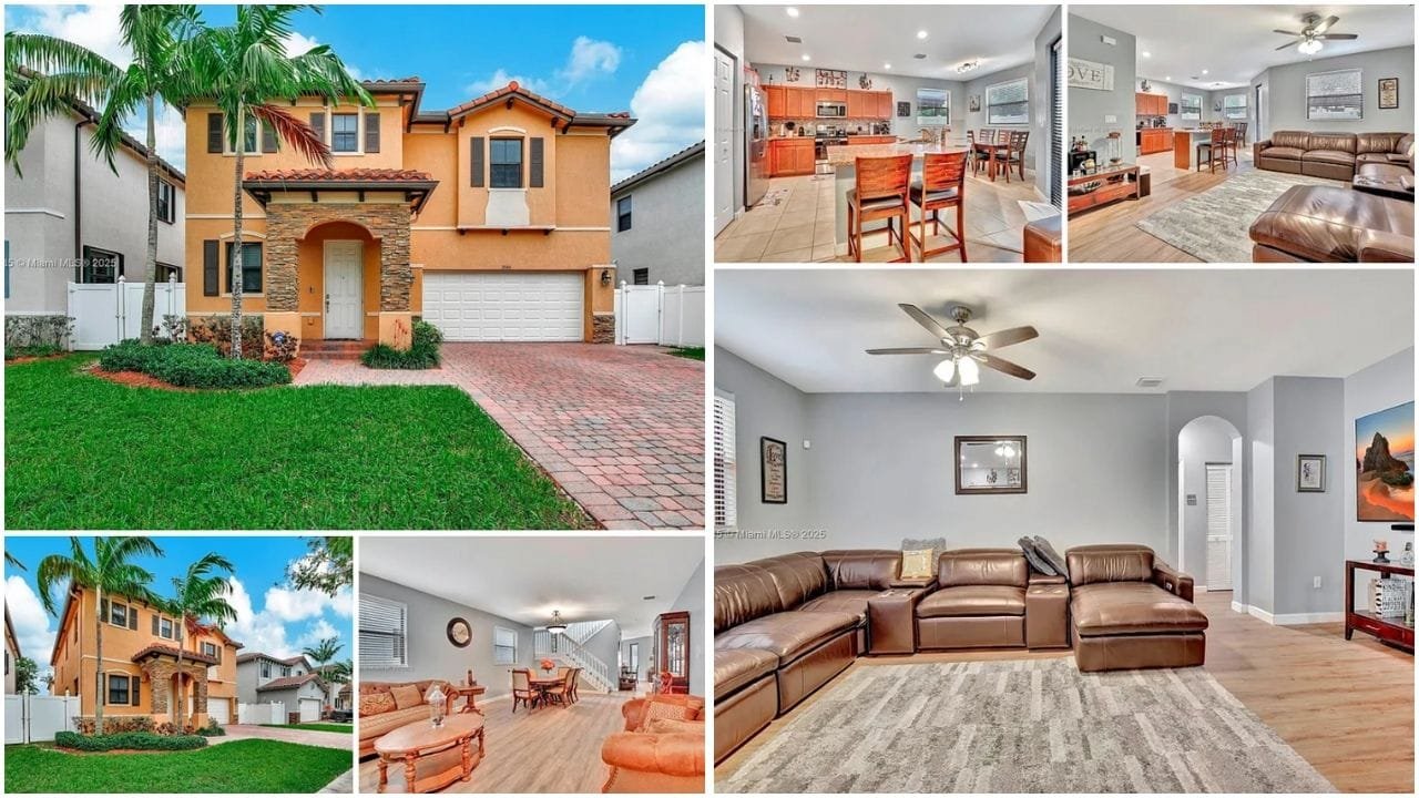 Luxury waterfront property in Hialeah, Florida with lush garden and modern design, highlighting real estate opportunities