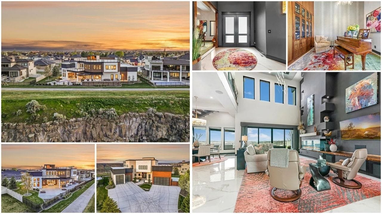 Panoramic view of Twin Falls, Idaho real estate showcasing luxury homes, apartments, and waterfront properties