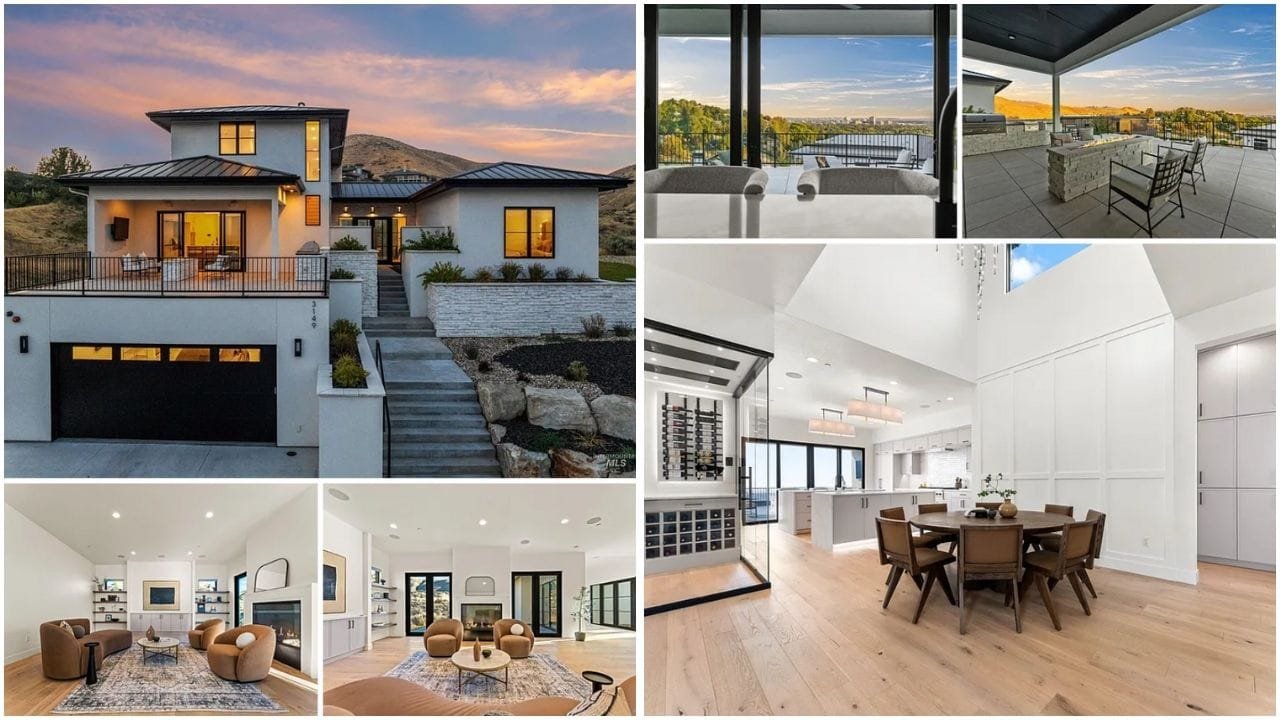 Real estate in Boise, Idaho - A scenic view of luxury homes and the Boise River with a vibrant downtown skyline in the background