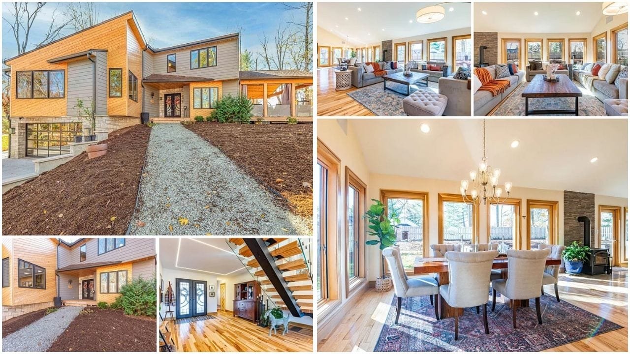 Scenic view of Bloomington, Indiana neighborhood with luxury homes, apartments, and lush gardens