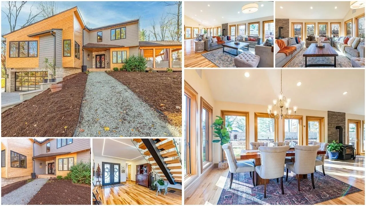 Scenic view of Bloomington, Indiana neighborhood with luxury homes, apartments, and lush gardens