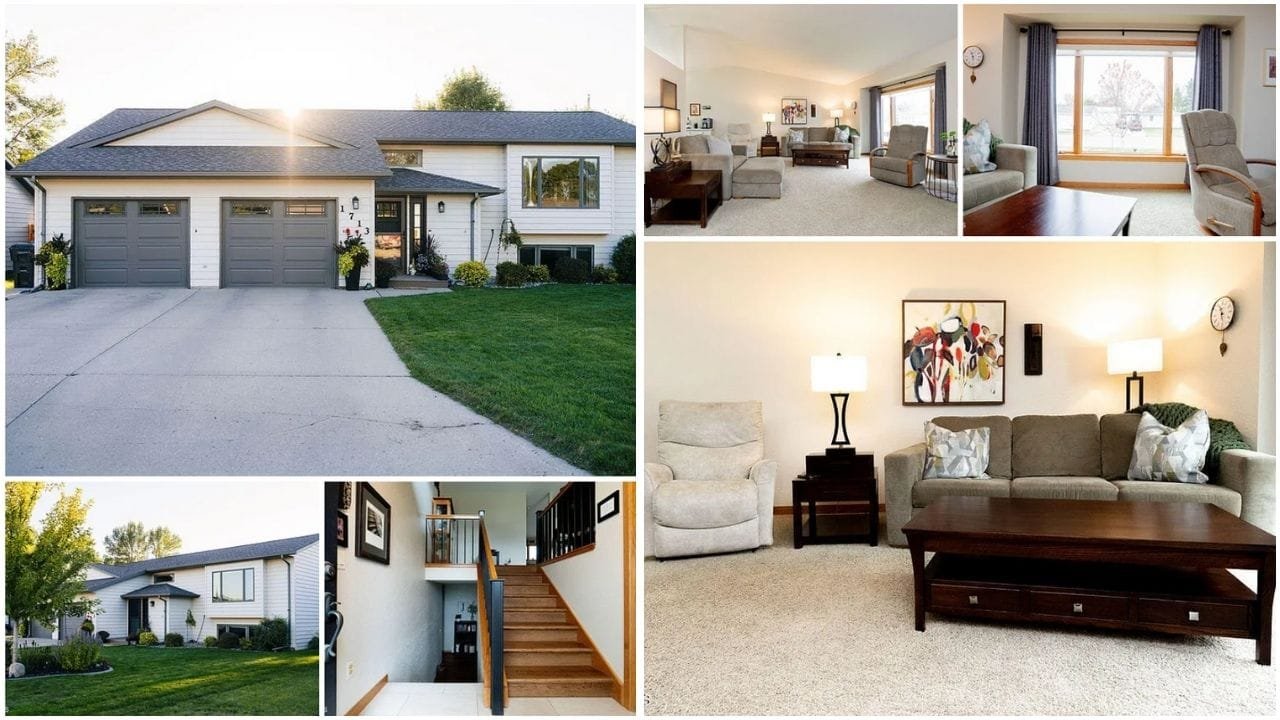 A picturesque view of a luxury home for sale in Jamestown, ND, showcasing its beautiful garden and modern design