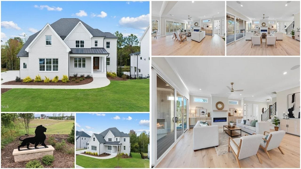 A picturesque view of a luxury home in Apex, NC with a well-maintained garden and bright blue skies, representing the thriving real estate market in Apex