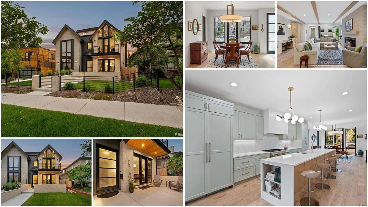 A stunning Colorado mountain landscape with luxury homes and vibrant city skyline, showcasing diverse real estate opportunities in the Centennial State