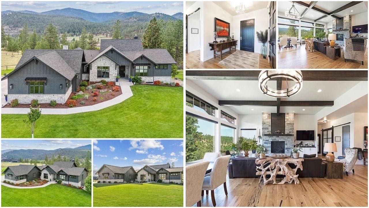 A stunning aerial view of Missoula, Montana, showcasing diverse real estate options including luxury homes, affordable apartments, and family-friendly neighborhoods, set against a backdrop of maje