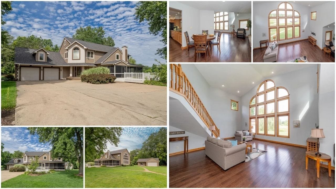 Aerial view of Battle Creek, MI, highlighting real estate properties including luxury homes, apartments, and waterfront properties