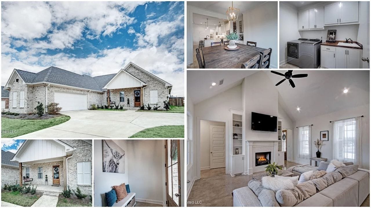 Aerial view of Canton, Mississippi, showcasing diverse real estate properties, luxury homes, apartments, and waterfront properties