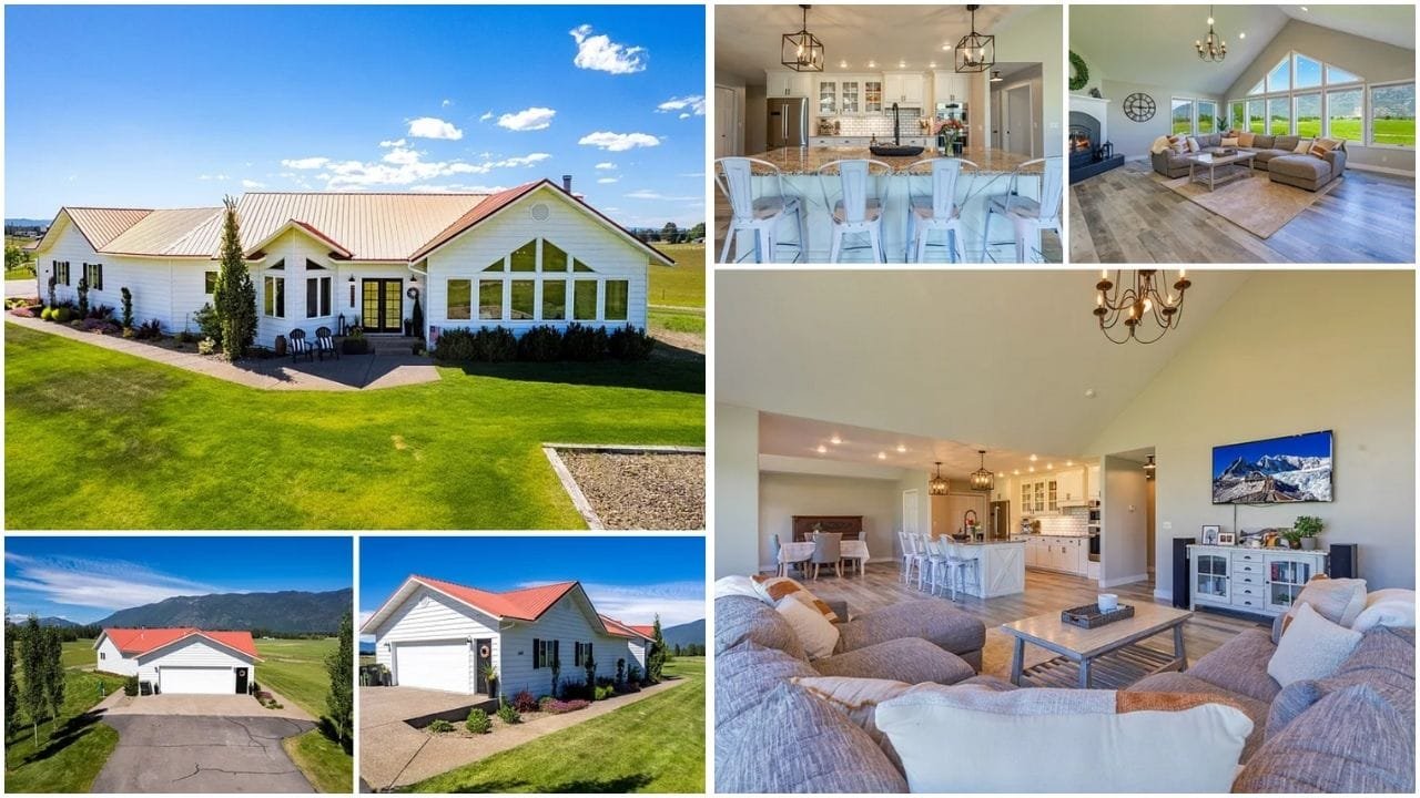 Aerial view of Columbia Falls, Montana, showcasing scenic mountain landscapes, luxury homes, and real estate opportunities in a vibrant community