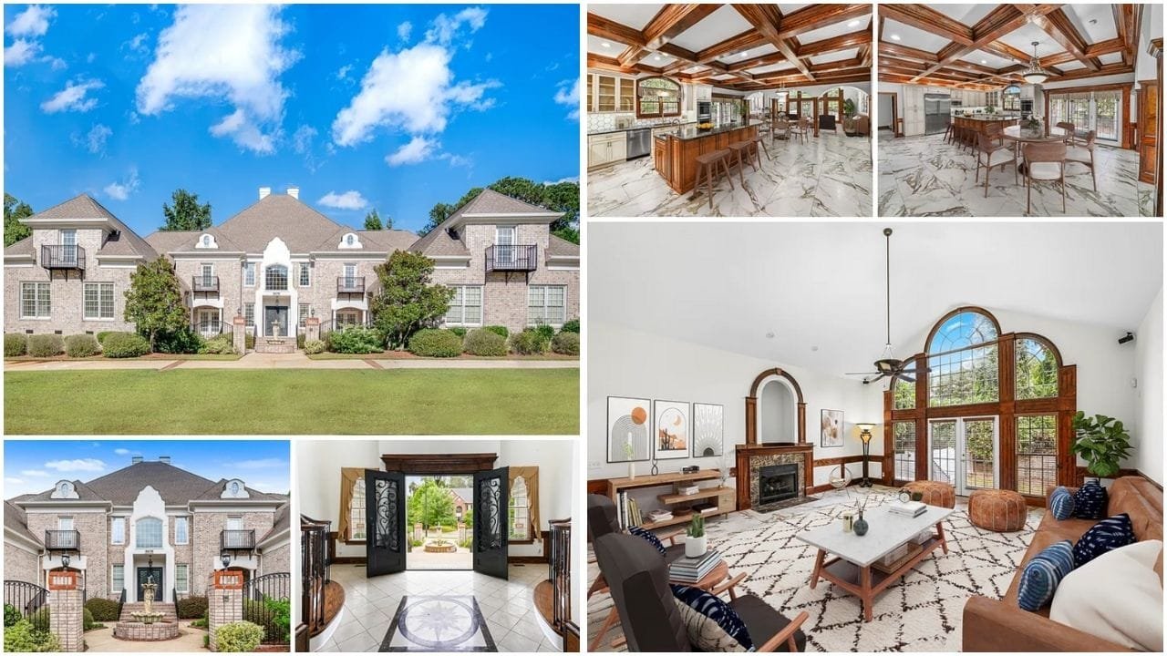 Aerial view of Fayetteville, NC with diverse neighborhoods and residential properties, showcasing affordable homes, luxury houses, and scenic parks