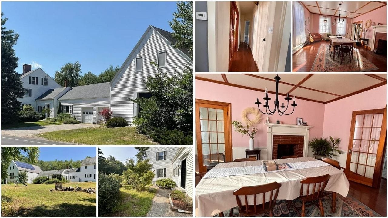 Aerial view of a charming waterfront property in Topsham, Maine with luxury homes and scenic landscapes