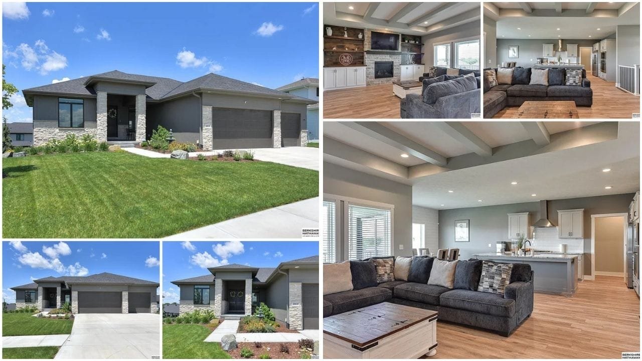 Aerial view of luxury and affordable homes in Gretna, Nebraska, showcasing diverse real estate options including single-family houses, apartments, and townhomes, with lush green neighborhoods and