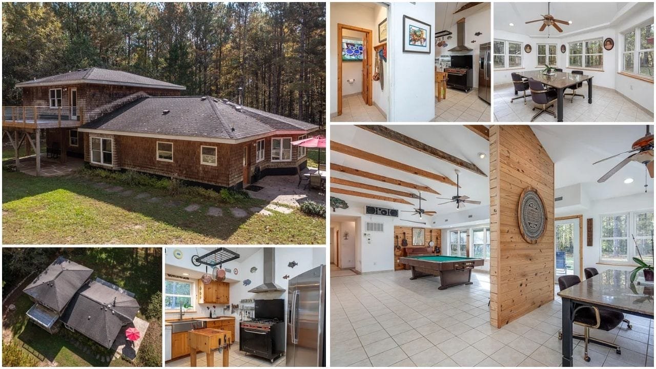Aerial view of luxury homes and waterfront properties in Clayton, North Carolina, showcasing modern architecture, lush gardens, and serene lakes