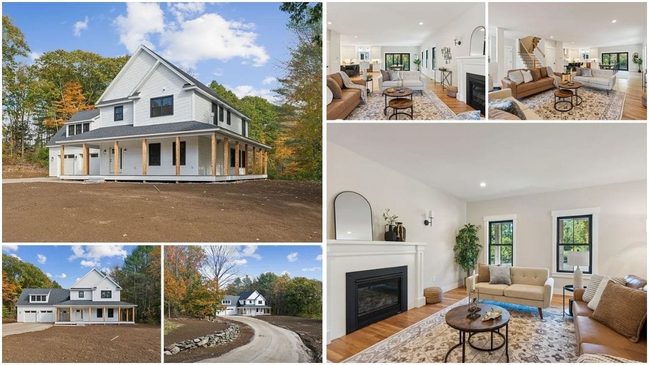 Aerial view of luxury waterfront homes and scenic neighborhoods in Brunswick, ME