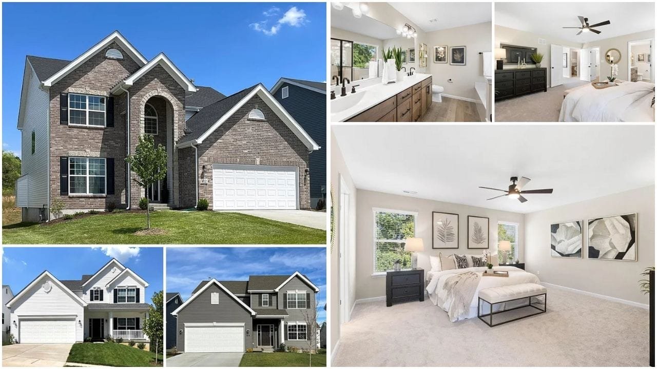 Beautiful luxury home in Fenton, Missouri with a well-manicured lawn and modern design