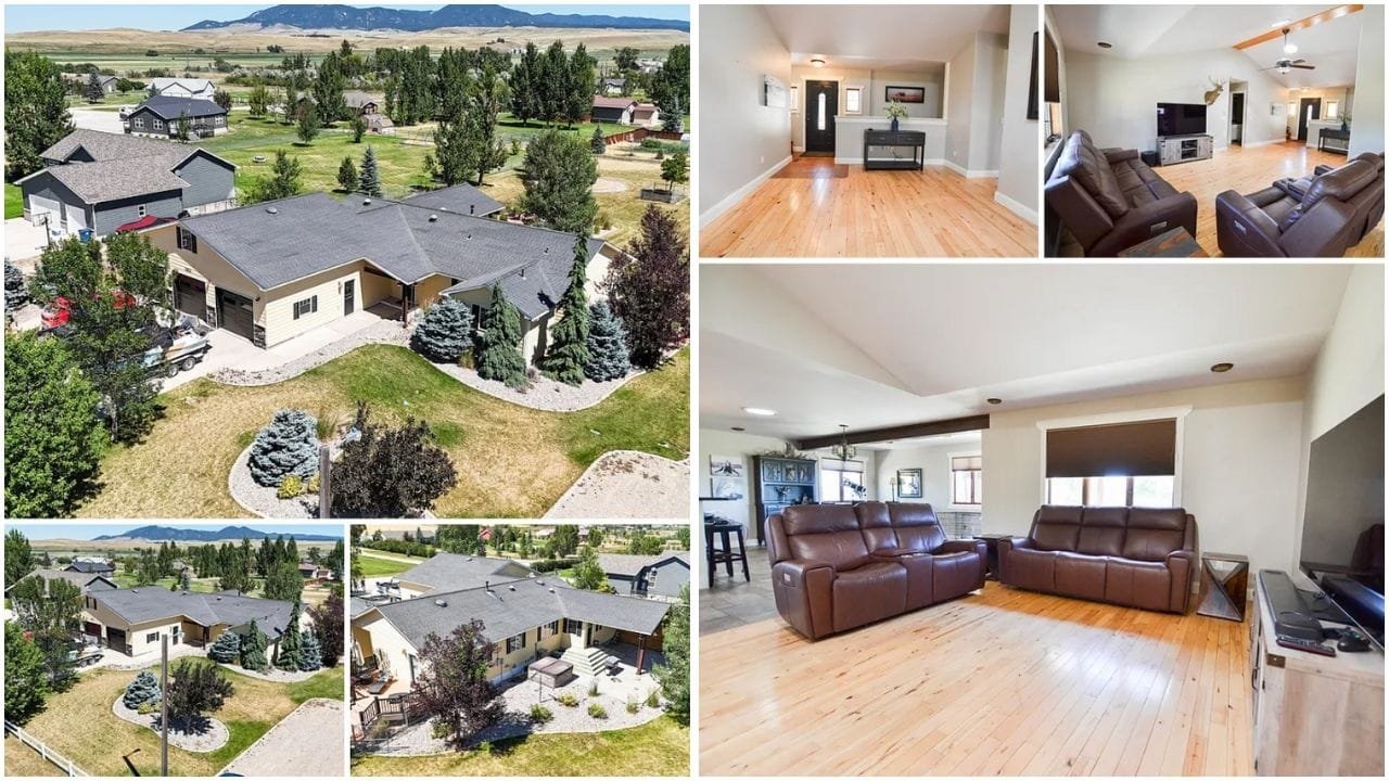 Beautiful luxury home in Lewistown, Montana with scenic mountain views and lush green garden