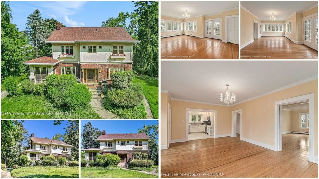 Panoramic view of Lansing, MI skyline with diverse real estate properties including houses, apartments, and waterfront homes