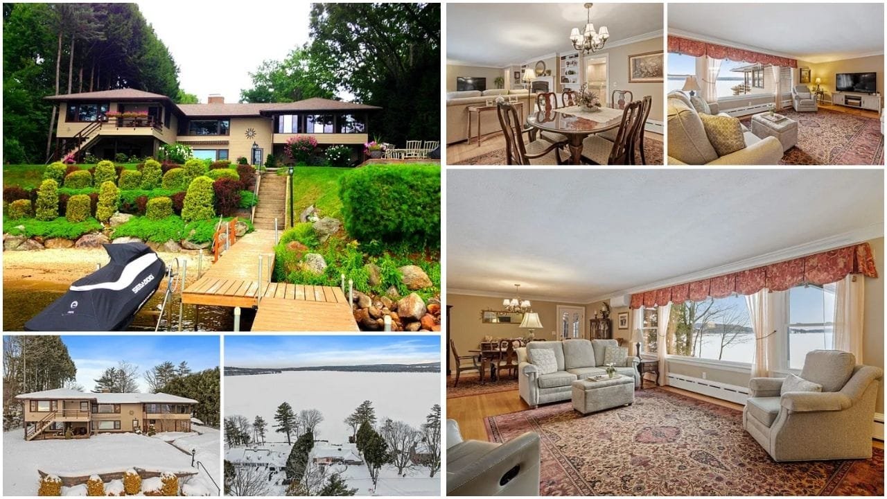 Stunning waterfront homes in Laconia, NH with Lake Winnipesaukee in the background - Explore real estate opportunities in this scenic city