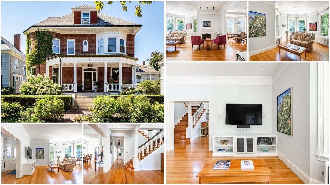Scenic view of a luxury waterfront home in Maine with lush greenery and a serene lake backdrop