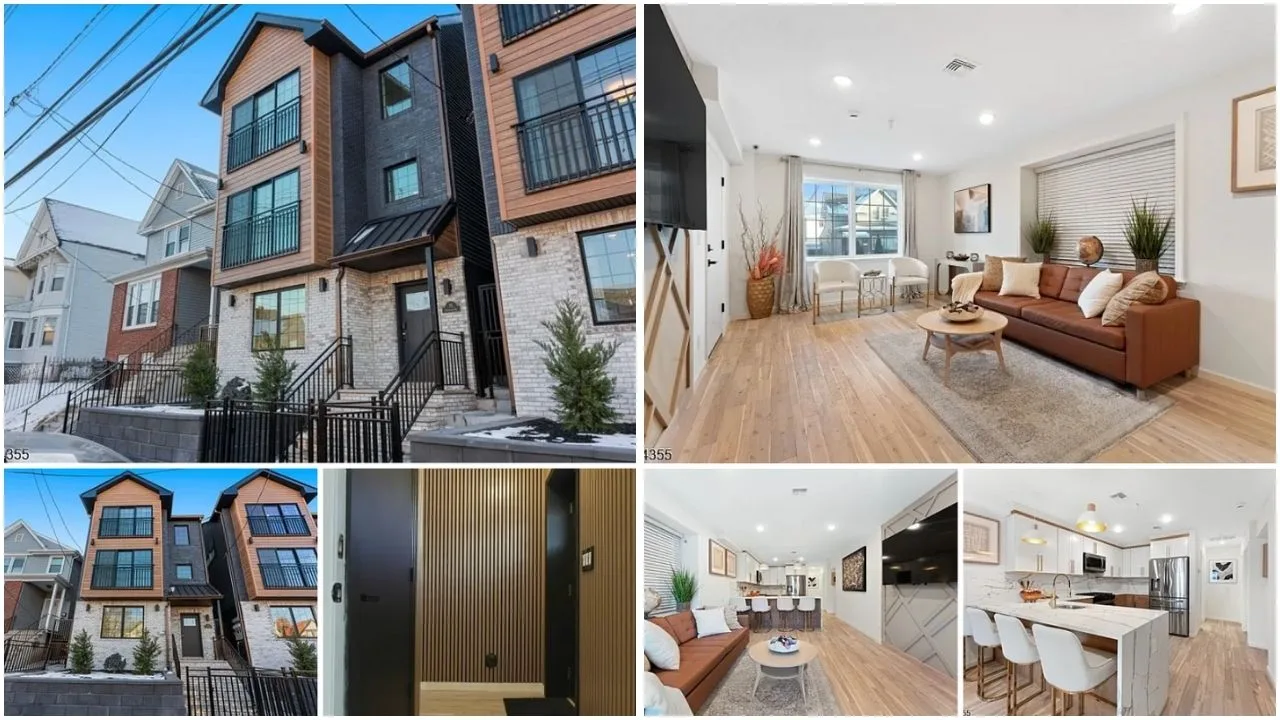 Skyline view of Newark, NJ with diverse real estate properties including homes, apartments, and townhomes