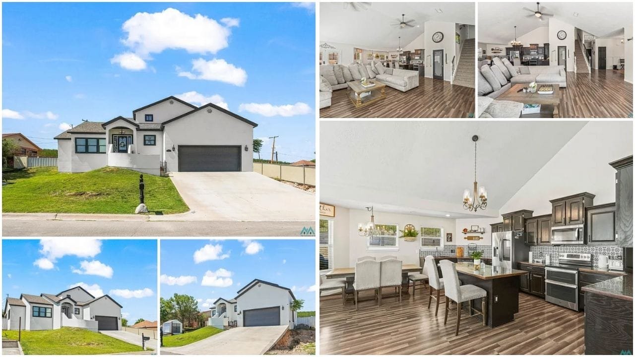 Stunning aerial view of Carlsbad, New Mexico, showcasing diverse real estate properties including luxury homes, waterfront properties, and suburban neighborhoods against a backdrop of natural beau