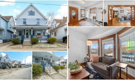 Stunning view of Cleveland, Ohio's waterfront skyline with diverse real estate properties